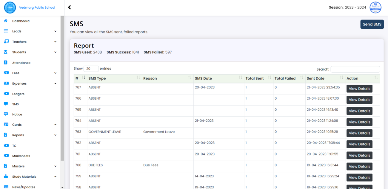 How To Send SMS in Vedmarg School ERP (30+ SMS Templates)