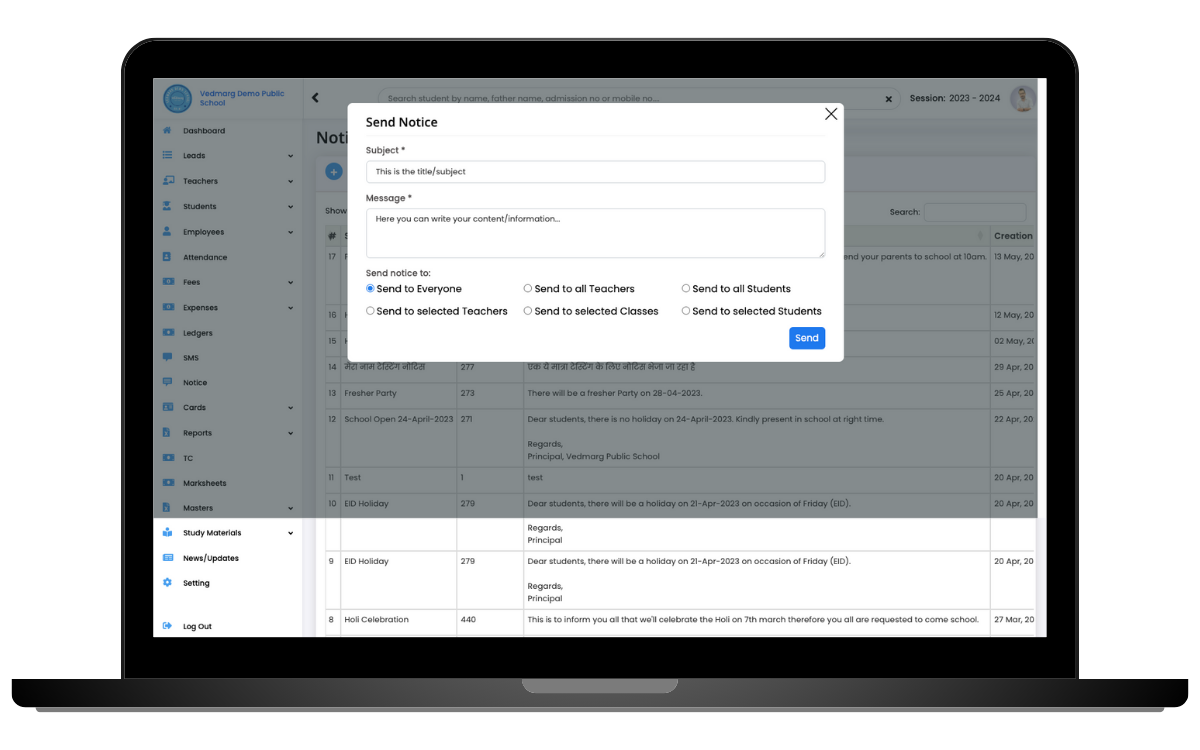 How To Send Notice via Vedmarg School ERP - Unlimited, Anytime