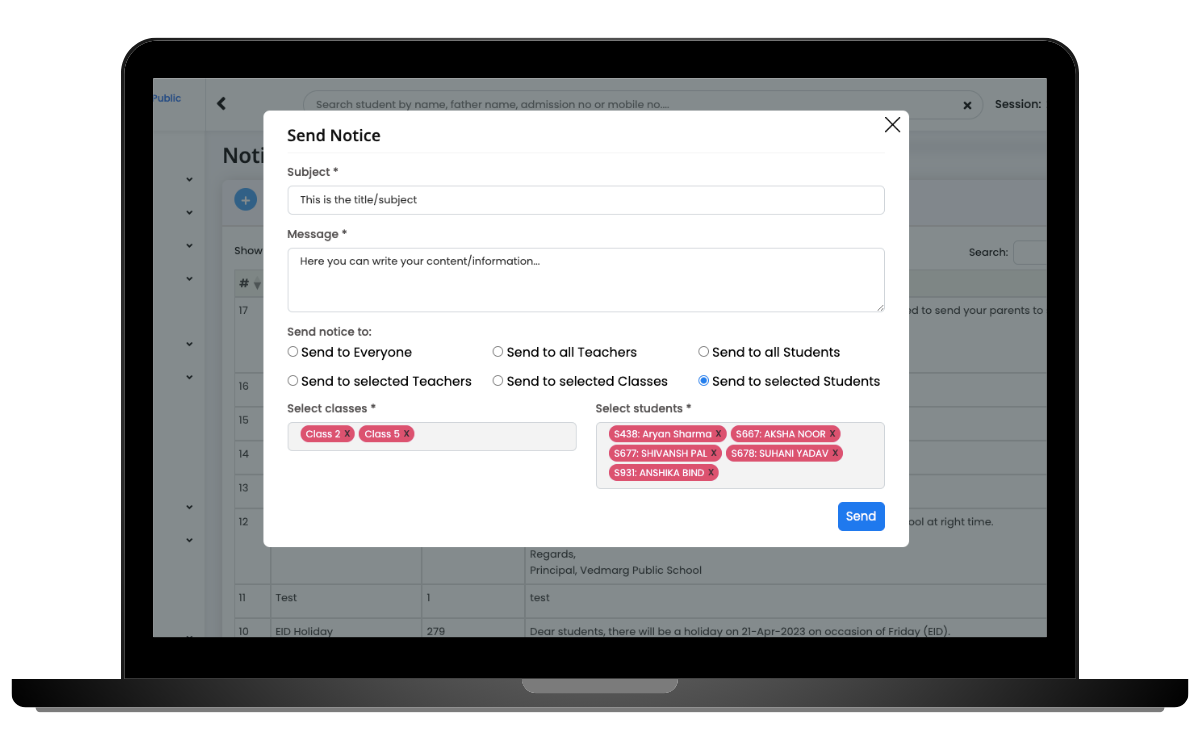 Send Notice to Vedmarg Student App - School Management System Online