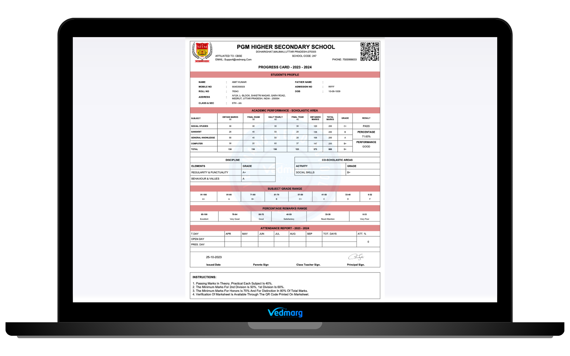 Vedmarg - Marksheet Format-1 - Customization Available