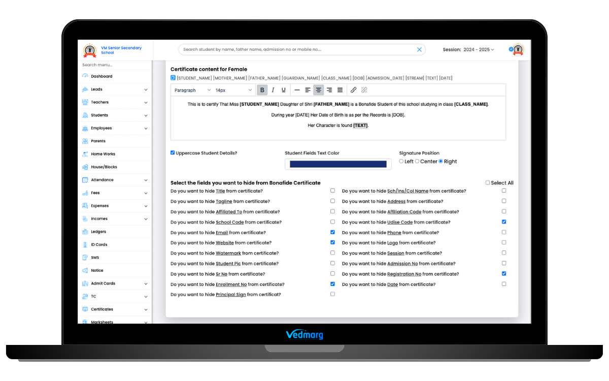 certificate design options, controls