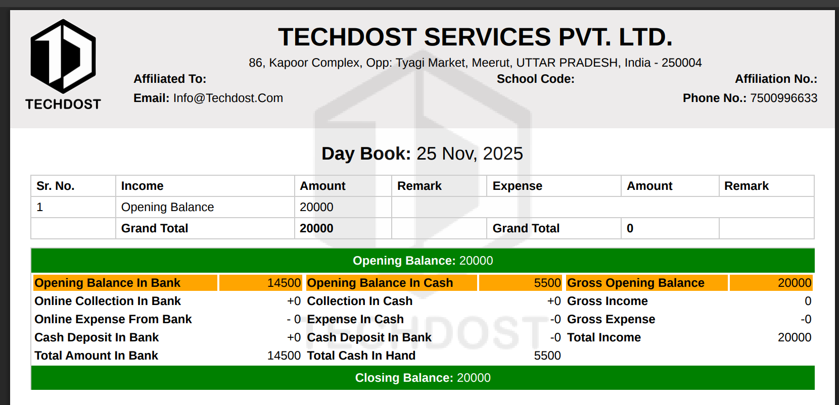 Cash day Book format